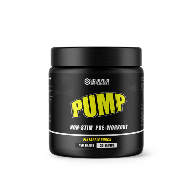 Black pre-workout supplement container with yellow text on a white background